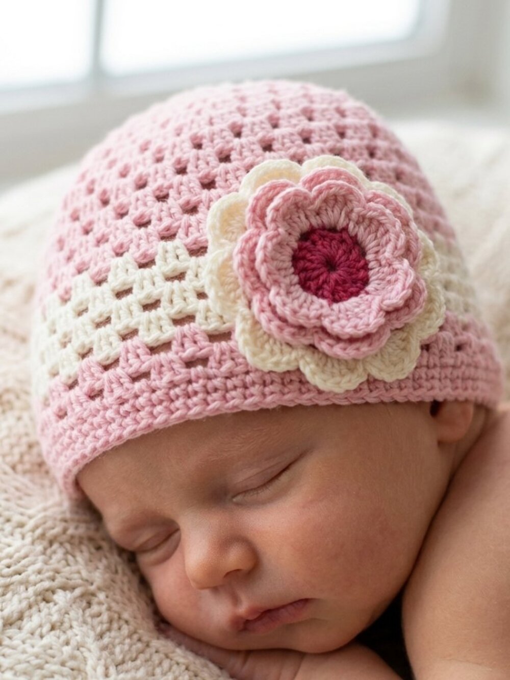 Girls Crochet Beanie Set Hat Floral Handmade Casual Green Pink White One Size